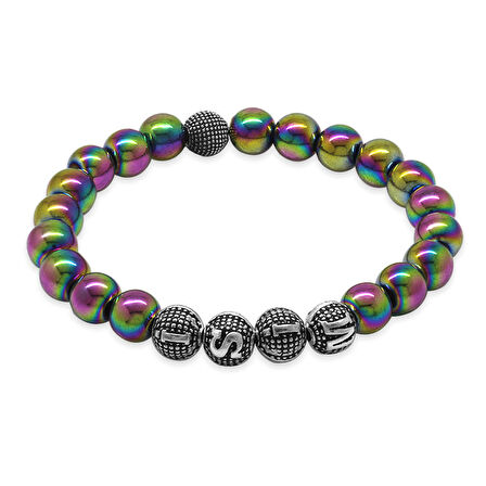 Multicolor Hematit Metal Kombinli Kişiye Özel İsim Yazılı Küre Kesim Doğaltaş Bileklik