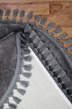 Puffy Peluş Post, Oval Ponpon Saçaklı Kaymaz Taban Halı 7 Renk  Antrasit