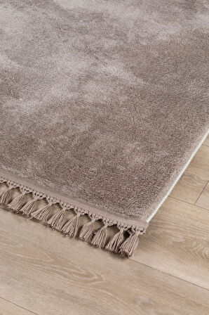 Puffy Peluş Post, Ponpon Saçaklı Kaymaz Taban Halı 7 Renk Kahverengi