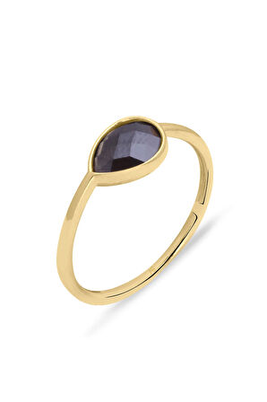 Siyah Damla Taşlı Altın Sade Yüzük