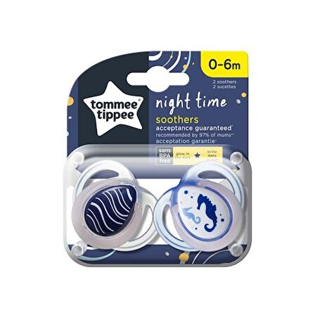 Tommee Tippee Night Time 2'li Ortodontik Silikon Emzik 0-6 Ay Açık Mavi