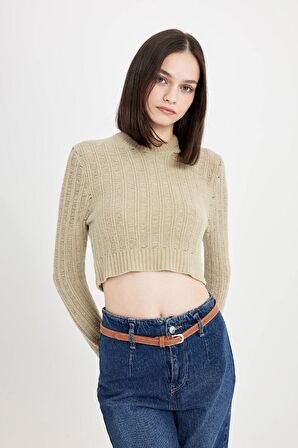 DeFacto Regular Fit Crop Bisiklet Yaka Örgü Delikli Triko Kazak C6321AX24WNGN270