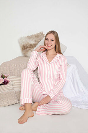 Kadın Mevsimlik Pamuk Likra Göğüs Cepli Boydan Önden Düğmeli Gömlek Yaka Uzun Kol Pijama Takımı