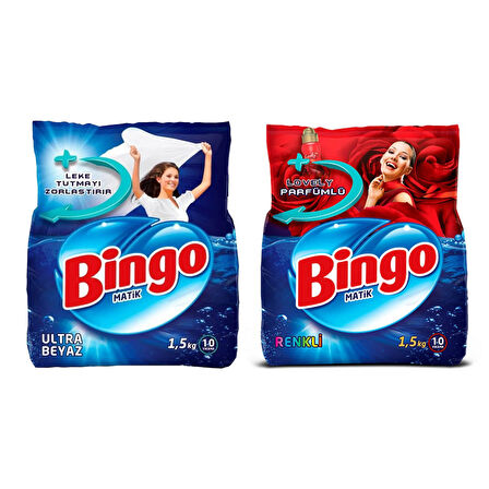Bingo Matik Ultra Beyaz 1,5 kg + Renkliler 1,5 kg Toz Deterjan 2 li Set