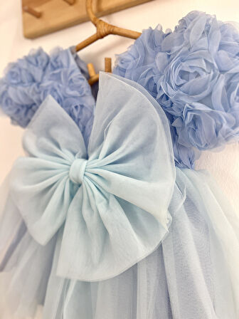 Kız Bebek Mavi Elbise Kısa Kollu Fiyonklu Doğum Günü Parti Düğün Özel Gün Tüllü Astarlı Prenses Parti Elbise 