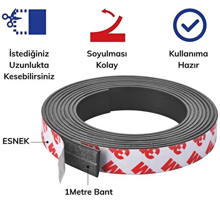 Yapışkanlı Şerit Mıknatıs Magnet Kes Kullan Güçlü Sağlam Rulo Çıkarılması Kolay Siyah 2cm x 1 mt (3984)