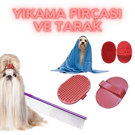 Pratik Plastik Kedi Köpek Temizlik Bakım Yıkama Aleti Fırçası Ve Köpek Tüyü Tarağı Seti (3984)