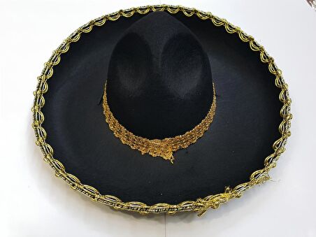 Altın Renk Şeritli Meksika Mariachi Latin Şapkası 55 cm Çocuk (3984)