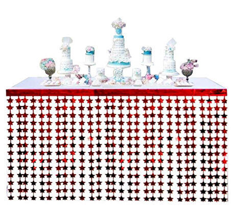 Püsküllü Işıltılı Metalize Kırmızı Yıldızlı Masa Eteği 75x360 cm (3984)