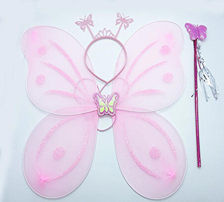 Toz Pembe Renk Kelebek Kanadı Tacı ve Sopası 50x37 cm (3984)