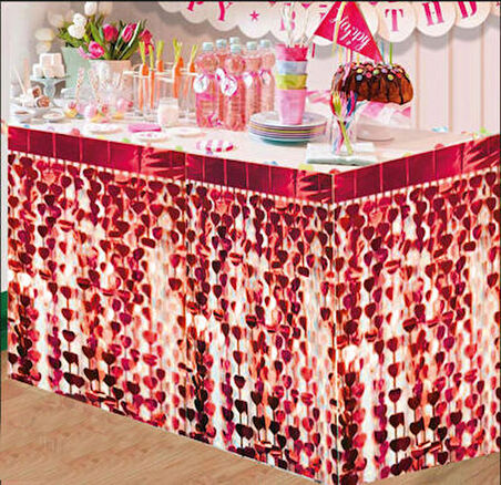 Püsküllü Işıltılı Metalize Kırmızı Kalpli Masa Eteği 75x360 cm (3984)