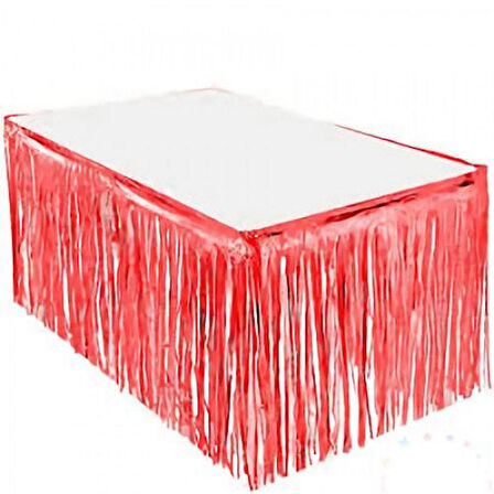Püsküllü Işıltılı Metalize Kırmızı Renk Masa Eteği 70x300 cm (3984)