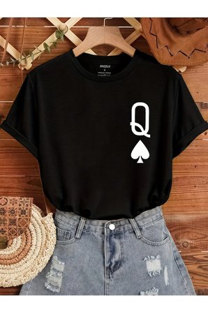 Unisex Q Maça Kızı Baskılı Tasarım Tshirt