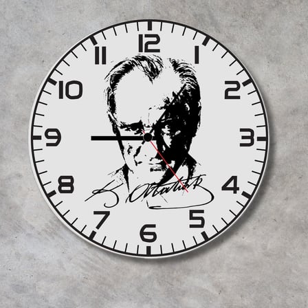 Atatürk Portreli ve İmzalı Metal Duvar Saati - Ofis ve Salon Saati