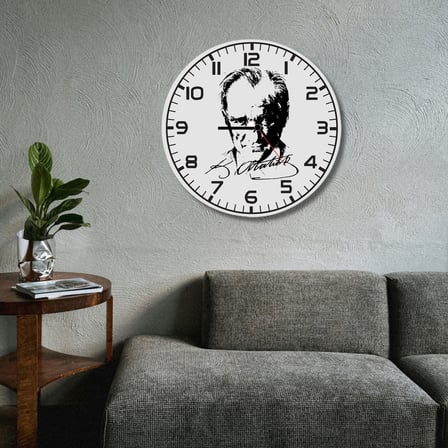 Atatürk Portreli ve İmzalı Metal Duvar Saati - Ofis ve Salon Saati