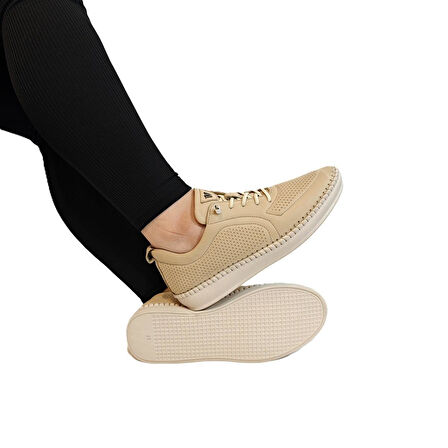 Voyager Z094 Bej Hakiki Deri Lazer İşlemeli Kadın Ayakkabı