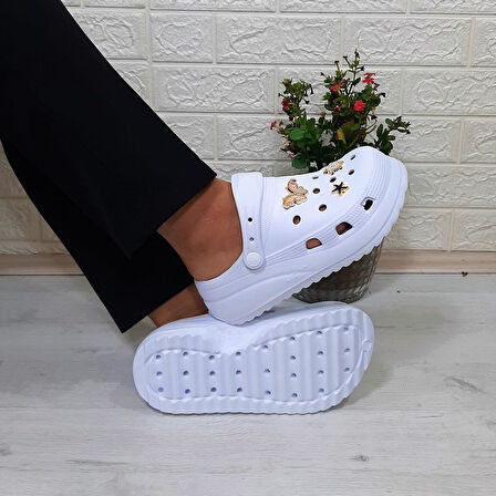 Sonimix 12901 Beyaz Taşlı Kalın Tabanlı Kadın  Terlik