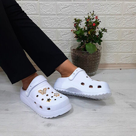 Sonimix 12901 Beyaz Taşlı Kalın Tabanlı Kadın  Terlik