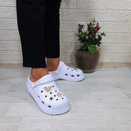 Sonimix 12901 Beyaz Taşlı Kalın Tabanlı Kadın  Terlik