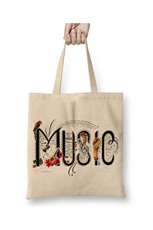 Müzik Nota Beyaz Bez Çanta Uzun Saplı Alışveriş Çantası