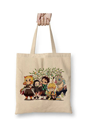 İblis Keser Demon Slayer Karakter Anime Beyaz Bez Çanta Uzun Saplı Alışveriş Çantası Plaj Çantası