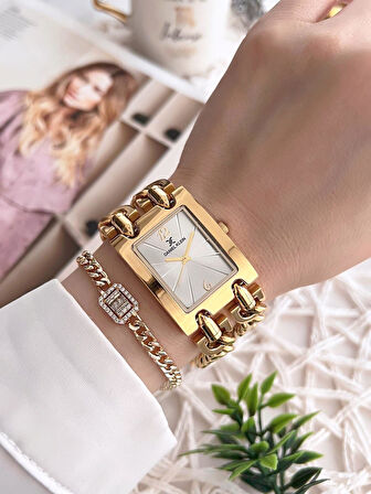 Daniel Klein Çelik Zincir Tasarım Kordonlu 30 Mt Suya Dayanıklı Kadın Kol Saati+Bileklik B.10036.S2