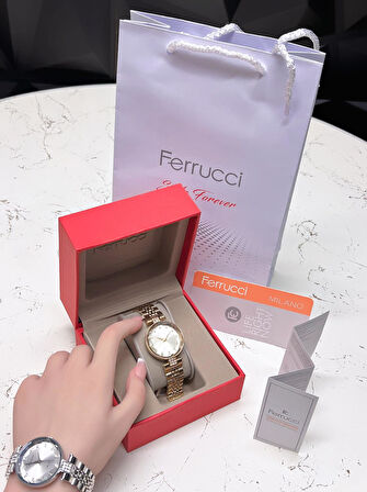 Ferrucci Kesme Kristal Camlı Çelik Kordon 2 Yıl Garantili 3 Atm Kadın Kol Saati+Bileklik B01119.02