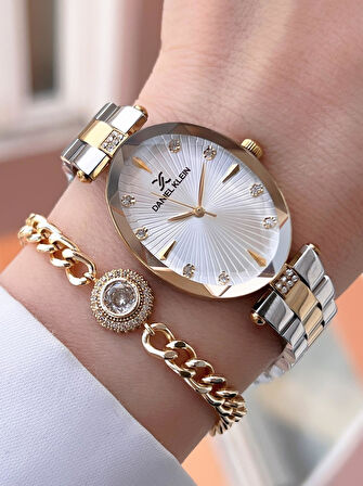 Daniel Klein Kristal Kesme Camlı Çelik Kordon 3Atm Suya Dayanıklı Kadın Kol Saati+Bileklik F13954.M3