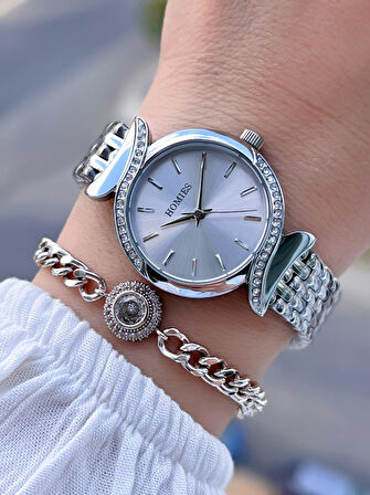 Homies Çelik Kordon 2 Yıl Garantili 30 Mt Suya Dayanıklı Kadın Kol Saati+Bileklik HM.B60S01.1