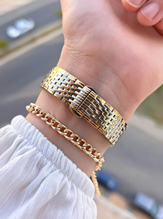 Homies Çelik Kordon 2 Yıl Garantili 30 Mt Suya Dayanıklı Kadın Kol Saati+Bileklik HM.B24513S.3