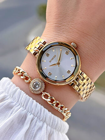 Homies Çelik Kordon 2 Yıl Garantili 30 Mt Suya Dayanıklı Kadın Kol Saati+Bileklik HM.B255005S.1