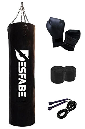 Desfabe Boxing Star 120x32 Cm Zincirli Boks Kum Torbası Siyah+Boks Eldiveni+El Bandajı+Atlama İpi