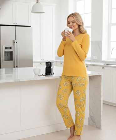 Kadın Sarı Çiçek Desen Mevsimlik Pamuklu Penye Uzun Kol Cepli Pijama Takımı-Slim Fit Dar Kalıp