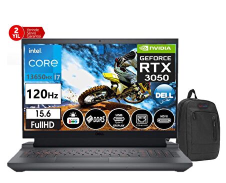 Dell G15 5530 İntel Core İ7 13650Hx 16GB DDR5Ram 512GB SSD 6GB RTX3050 15,6 İnç 120Hz FHD Windows11Home Taşınabilir Bilgisayar G5530240100510+WeblegelsinÇanta