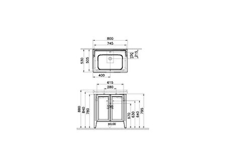 VitrA Valarte 62153 Lavabo Dolabı, Kapaklı, Etajerli Lavabolu, Krom Kulplu, 80 cm, Mat Beyaz