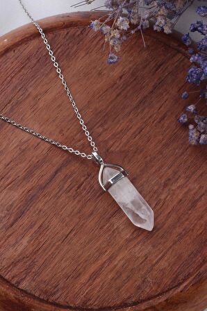 Doğal Çivi Kesim Kristal Kuvars Taşı Kolye - KL0456