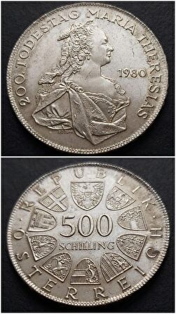 1980 Avusturya 500 Şilin 200.YIL Maria Theresia 24 Gram Gümüş (640) ÇA/ÇA+/ÇİL - 399636680762ec7fee