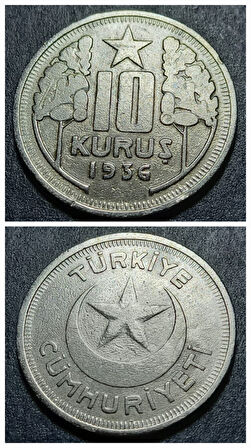 Escoines Koleksiyon 10 Kuruş 1936 Nadir çıkar ÇÇT+ eski madeni para (RR) - 39963669d9c7ec1063