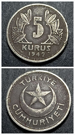 Escoines Koleksiyon 1942 5 Kuruş eski madeni para - 3996366ea804f1a80a