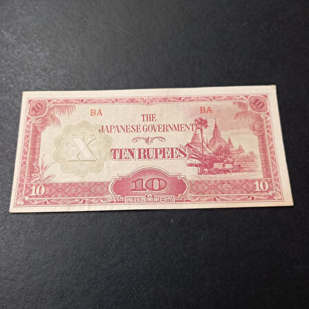 THE JAPANESE GOVERNMENT 1942/1944 Japonya işgal 10 Rupees - Burma TEN RUPEES CA eski kağıt para