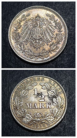 Escoines Koleksiyon 3996367671e711bf66 1918 Almanya ½Mark 2,78gram Gümüş CA eski yabancı madeni para
