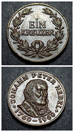 Escoines Koleksiyon Almanya 1Kreuzer Johann Peter Hebel 1760/1960 Bronz Hatıra Madalyon 6.2Gr. /25mm