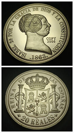 1863 REINA DE LAS ESPANAS 20 REALES İsabel Temalı Sertifikalı Altın Kaplama Hatıra Proof 32gram 40mm