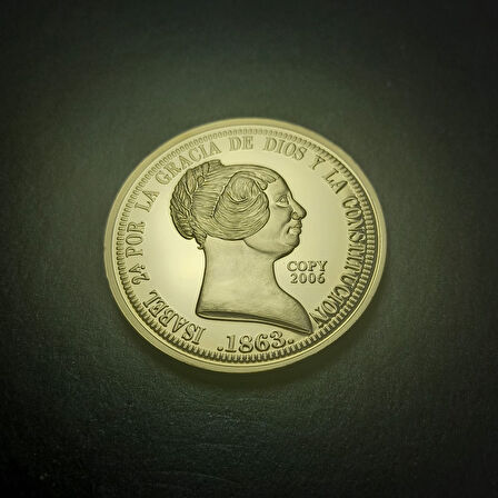1863 REINA DE LAS ESPANAS 20 REALES İsabel Temalı Sertifikalı Altın Kaplama Hatıra Proof 32gram 40mm