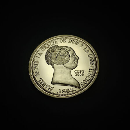 1863 REINA DE LAS ESPANAS 20 REALES İsabel Temalı Sertifikalı Altın Kaplama Hatıra Proof 32gram 40mm