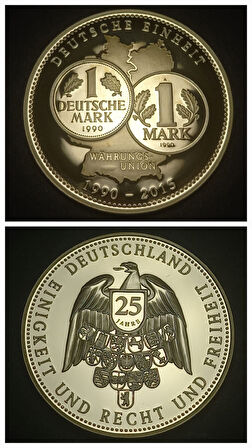 Escoines Koleksiyon 1990-2015 Almanya 1MARK 25.Yıl ParaBirliği Hatıra Madalyon 28Gr 40mm Sertifikalı