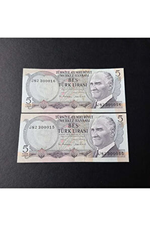 Escoines Koleksiyon 3996367e238514dc9f 6.emisyon 5türk lirası seri takipli 00015-00016 ÇİL eski para