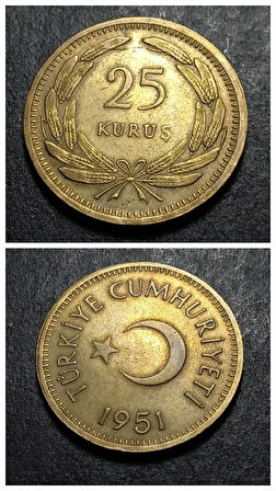 Escoines Koleksiyon 3996368023d7317ce2 Değerli Sene ÇÇT+ 25 Kuruş 1951 Nadir/Az çıkar, madeni para