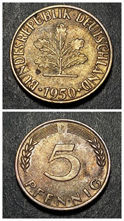 Escoines 39963689901fd6ff99 1950 Almanya 5 Pfennig çt Pirinç kaplamalı çelik para