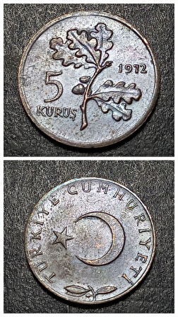 Escoines 39963689926476d0b5 1972 çt 5Kuruş %97 Bakır para